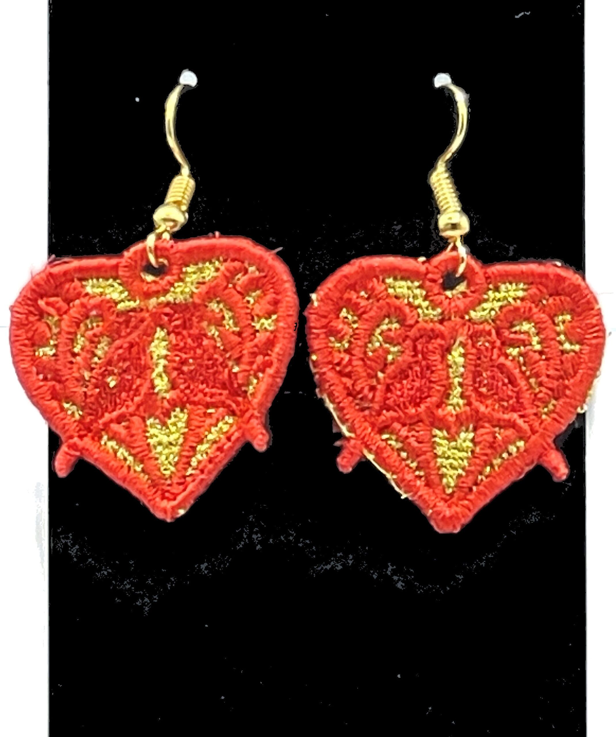 Red Heart Metallic Background Embroidered Earrings - Image 2