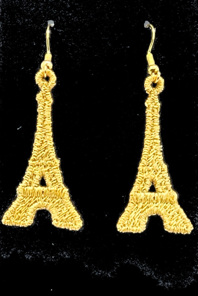 Eiffel Tower Gold Metallic Embroidered Earrings