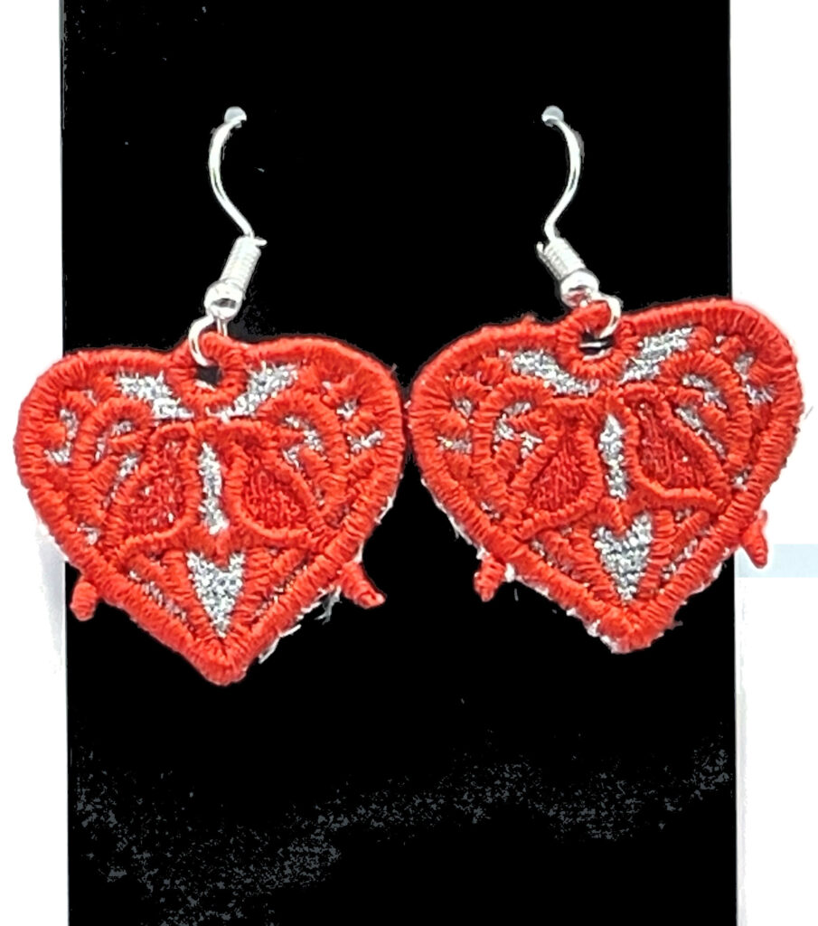 Red Heart Metallic Background Embroidered Earrings