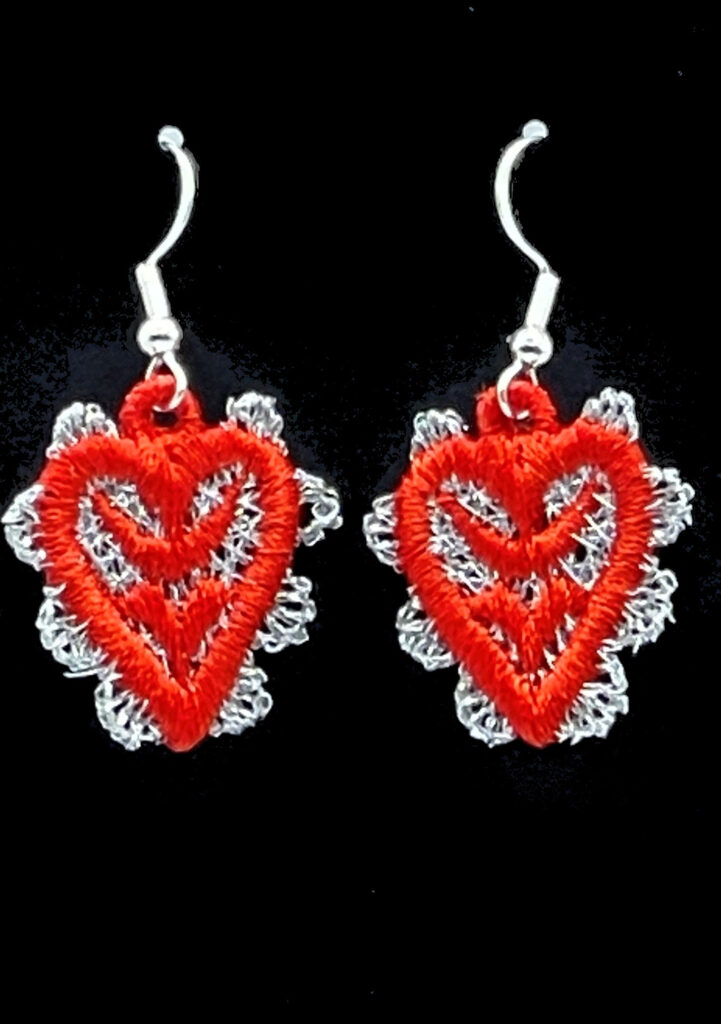 Red Heart Embroidered Earrings