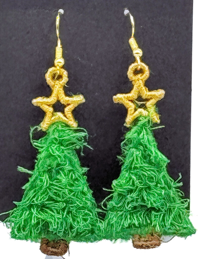 Fringed Christmas Trees Embroidered Earrings 3D