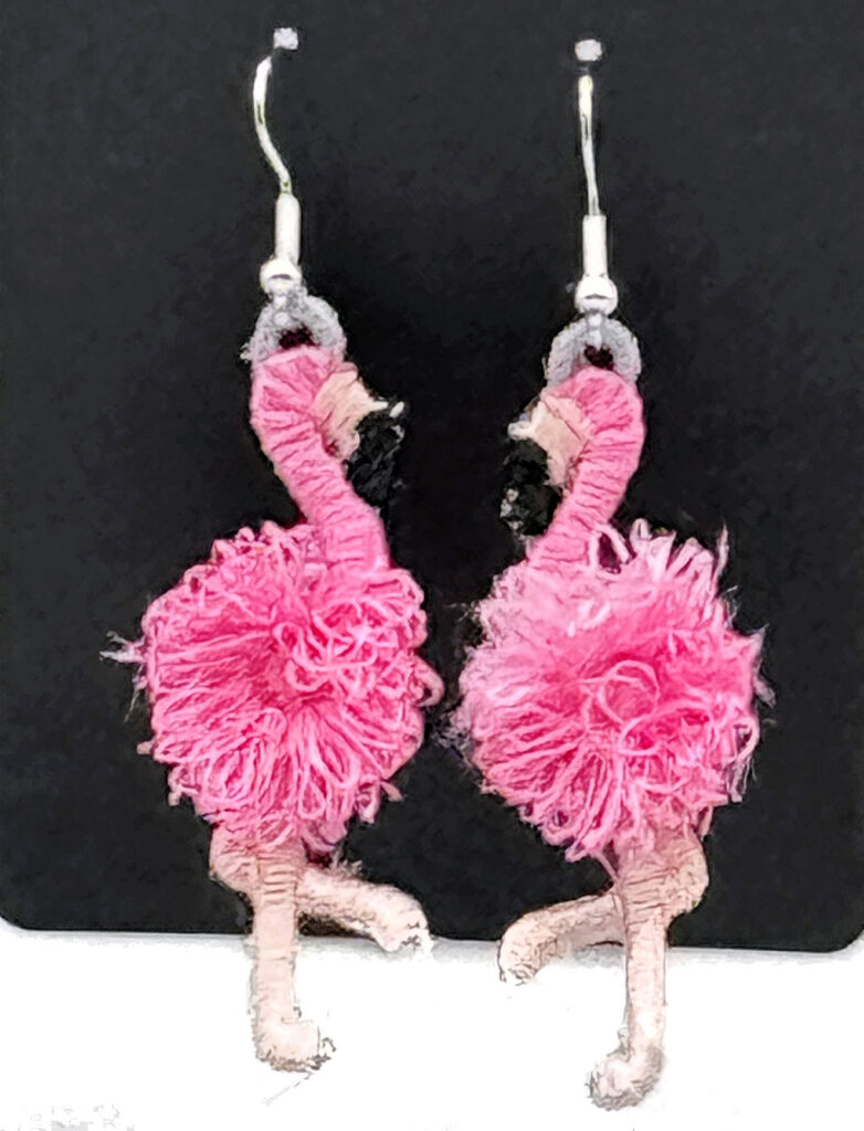 Fringed Pink Flamingo Embroidered Earrings 3D