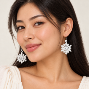 Young adult woman wearing Snowflake Embroidered Earrings with A Clear Stone
