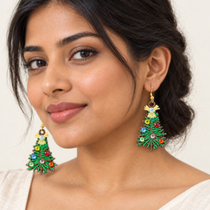Woman wearing Christmas Tree Embroidered Earrings