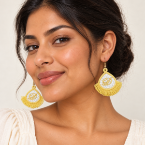 Young adult woman wearing Personalized Fringed Embroidered Earrings 3D