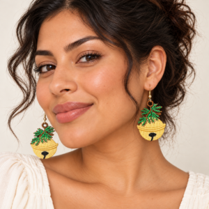 Young adult woman wearing Jingle Bell Embroidered Earrings