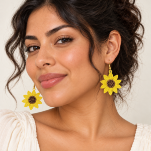 Young adult woman wearing Sunflower Embroidered Earrings 3D Effect
