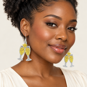 Woman wearing Champagne Gold and Silver Metallic Flutes Embroidered Earrings