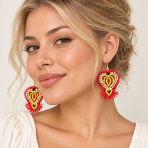 Young adult woman wearing Heart Fringed Embroidered Earrings 3D