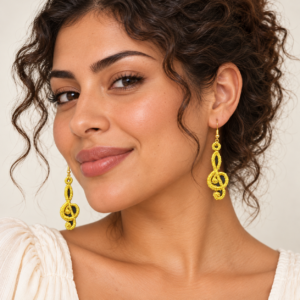Young adult woman wearing Treble Clef Embroidered Earrings