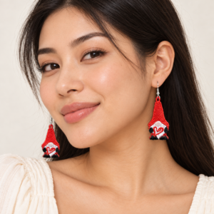 Young adult woman wearing Valentine’s Day Gnome Embroidered Earrings