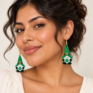 Young adult woman wearing Gnome 4 Leaf Clover Embroidered Earrings