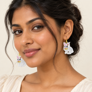 Woman wearing Easter Bunny Embroidered Earrings
