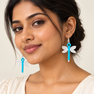 Woman wearing Drangonfly Embroidered Earrings