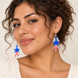 Young adult woman wearing Stars and Stripes Embroidered Earrings