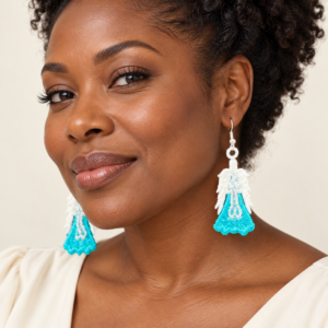 Woman wearing Angel Embroidered Earrings