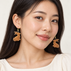 Woman wearing Chocolate Bunny Embroidered Earrings