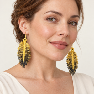 Woman wearing Feathers Fringed Embroidered Earrings 3D