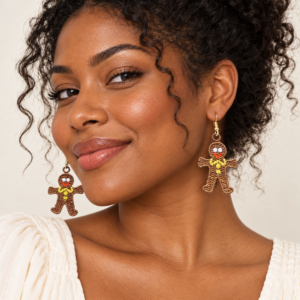 Young adult woman wearing Gingerbread Boy Embroidered Earrings