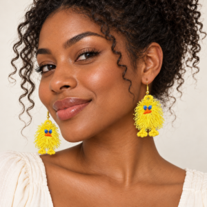 Young adult woman wearing Peeps Fringed Embroidered Earrings 3D