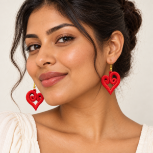 Young adult woman wearing Heart Embroidered Earrings Puffed 3D
