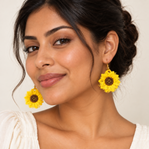 Young adult woman wearing Sunflower Embroidered Earrings 3D Fringed
