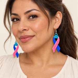 Woman wearing Cancer Awareness Ribbon Embroidered Earrings – Thyroid Cancer