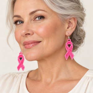 Woman wearing Cancer Awareness Ribbon Embroidered Earrings – Breast Cancer