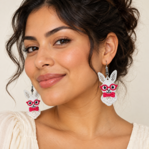 Woman wearing Easter Bunny Embroidered Earrings