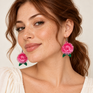 Young adult woman wearing Summer Rose Peony Fringed Flower Embroidered Earrings