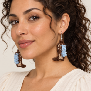 Woman wearing Cowgirl Fringed Boots Embroidered Earrings