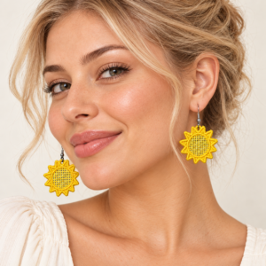Young adult woman wearing Sunshine Embroidered Earrings