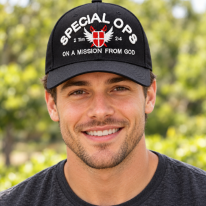Young man wearing the black Special Ops On a Mission From God embroidered hat